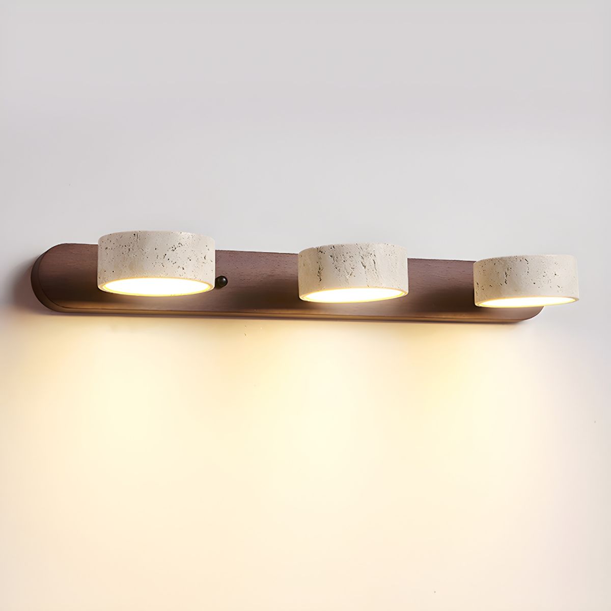 Moktan Sabai Travertine Stone Wall Sconce with Dimmable LED, natural wood accent, three-light on Tampa Home & Garden Store