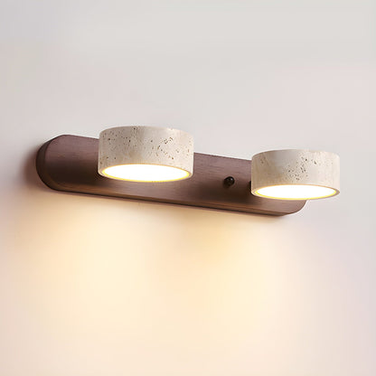 Dual travertine stone wall sconce with dimmable LED on natural wood backplate Moktan Sabai on Tampa Home & Garden Store