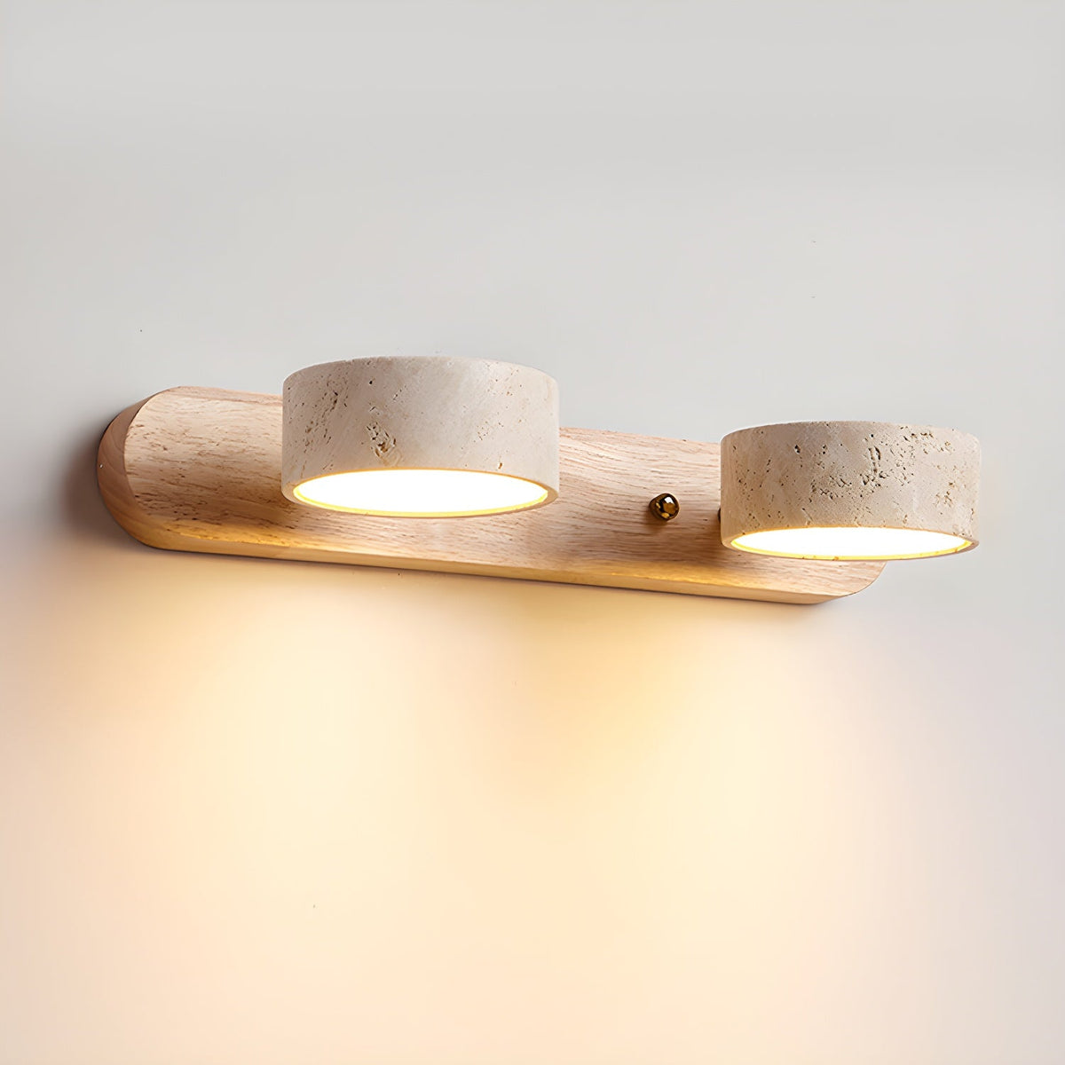 Travertine wall sconce with dimmable LED and natural wood accent, dual cylindrical lights on Tampa Home & Garden Store