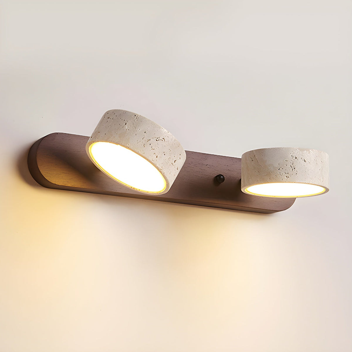 Dual head travertine stone wall sconce with dimmable LED and natural wood accent Moktan Sabai on Tampa Home & Garden Store