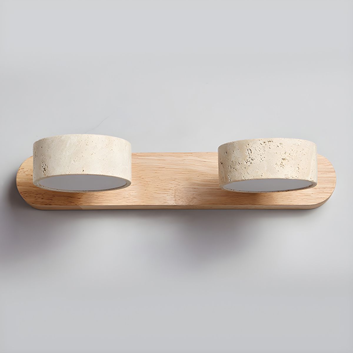 Travertine stone wall sconce pair with dimmable LED on natural wood backplate on Tampa Home & Garden Store
