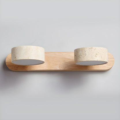 Travertine stone wall sconce pair with dimmable LED on natural wood backplate on Tampa Home & Garden Store