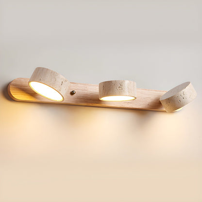 Travertine stone wall sconce with dimmable LED, natural wood base, Moktan Sabai light on Tampa Home & Garden Store