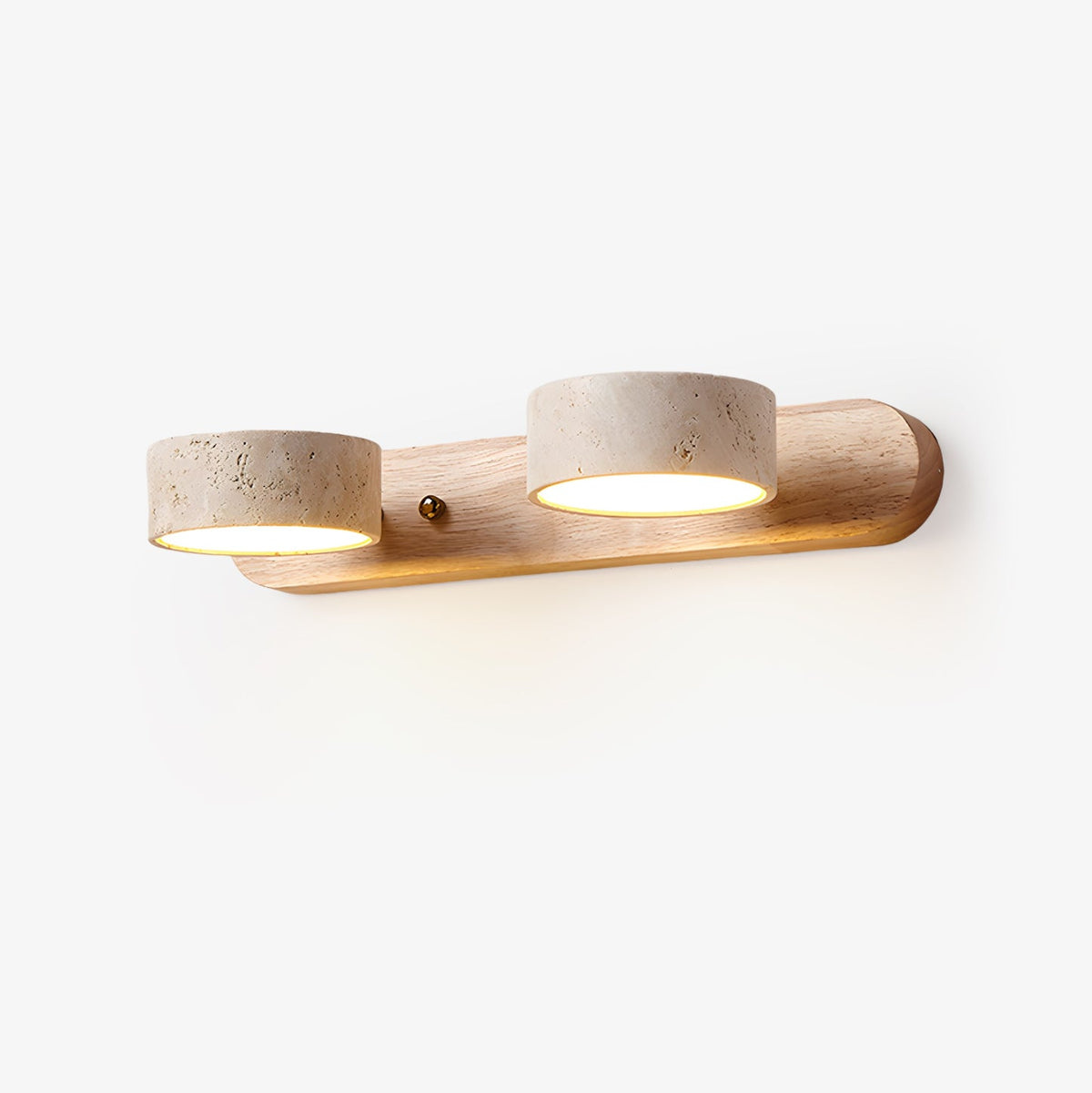 Travertine stone wall sconce with dimmable LED, natural wood accent, two-light fixture on Tampa Home & Garden Store