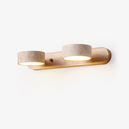 Travertine stone wall sconce with dimmable LED, natural wood accent, two-light fixture on Tampa Home & Garden Store