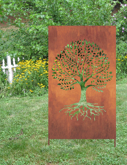 Metal privacy screen Tree of Life wall art in rusted steel panel by Rustica Ornamentals on Tampa Home & Garden Store
