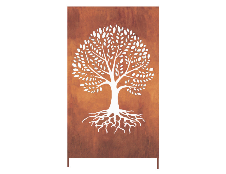 Metal privacy screen with white Tree of Life cutout on rust-brown panel by Rustica Ornamentals on Tampa Home & Garden Store