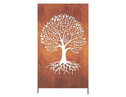 Metal privacy screen with white Tree of Life cutout on rust-brown panel by Rustica Ornamentals on Tampa Home & Garden Store