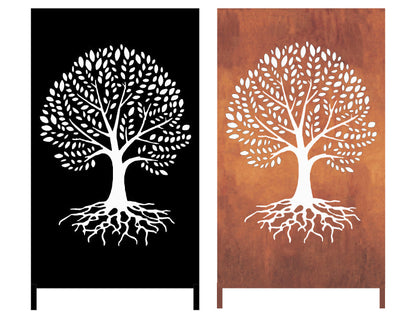 Two metal privacy screens with Tree of Life art; black and rust panels, Rustica Ornamentals on Tampa Home & Garden Store