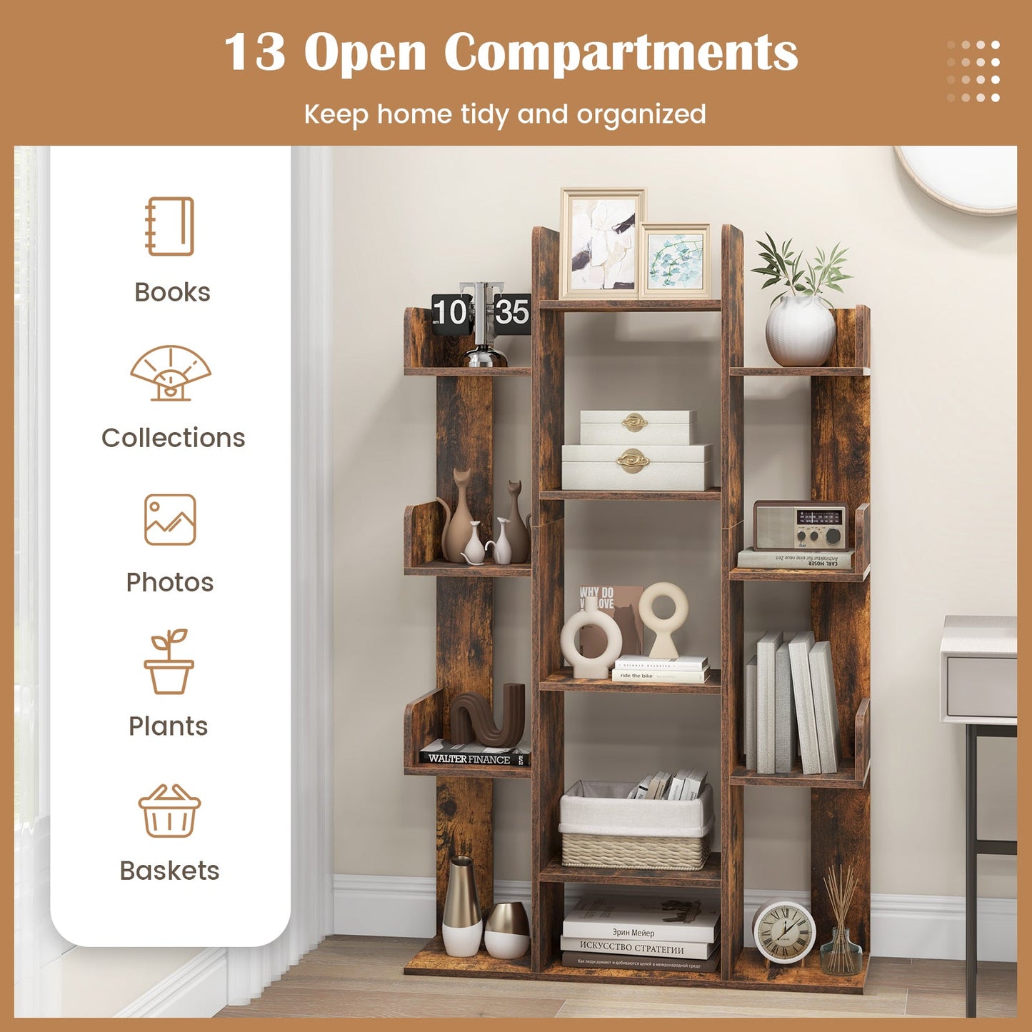 Tree-Shaped Bookshelf with 13 Compartments for Home Office-Rustic Brown