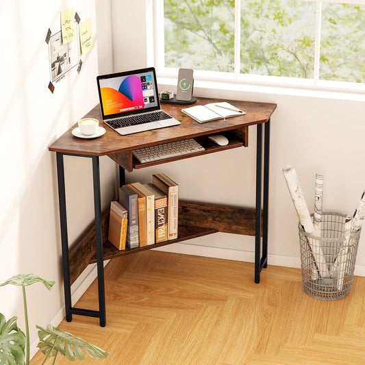 Triangle Corner Desk with Charging Station Keyboard Tray and Storage Shelf-Rustic Brown - Tampa Home & Garden Store