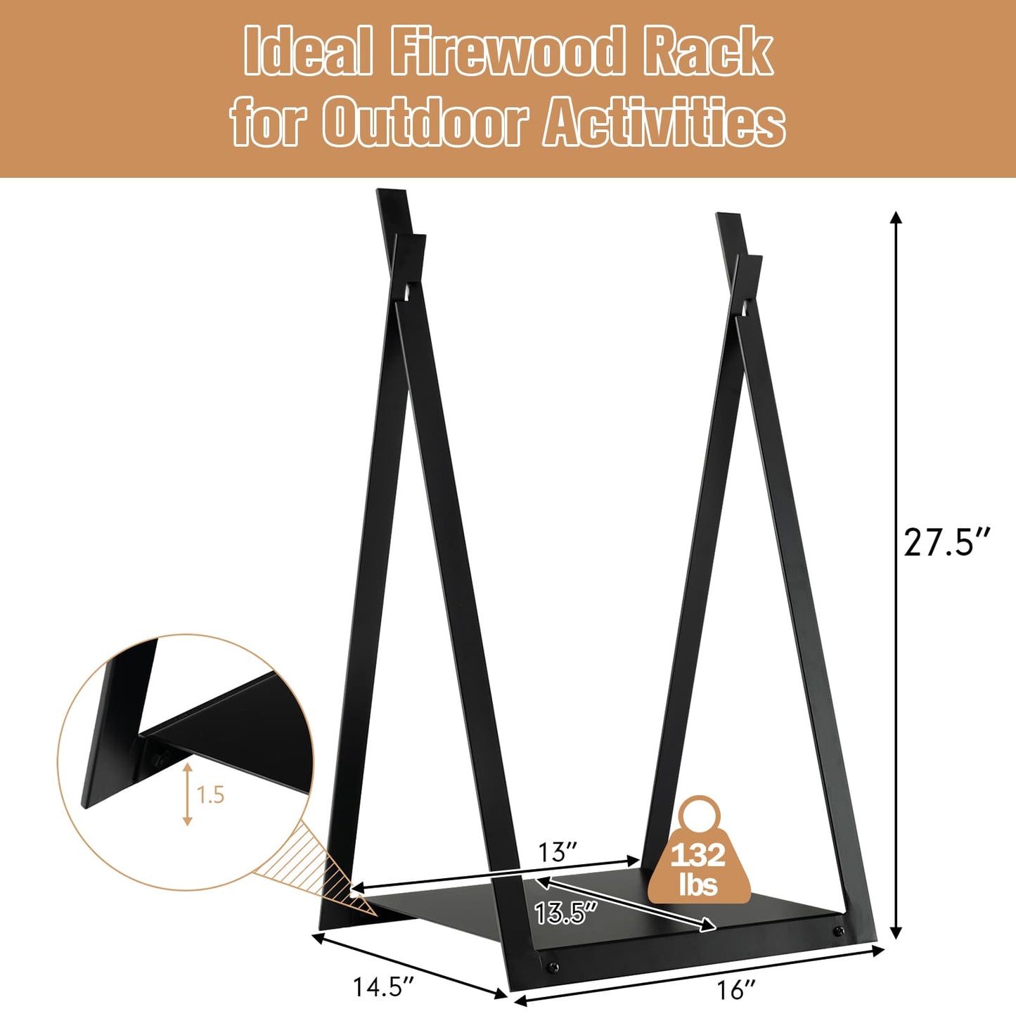 Estante triangular para leña con base elevada para chimenea/pozo de fuego - Negro