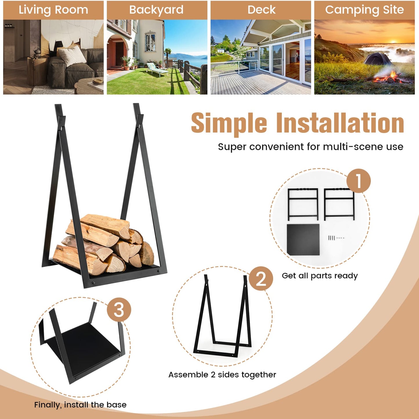 Estante triangular para leña con base elevada para chimenea/pozo de fuego - Negro