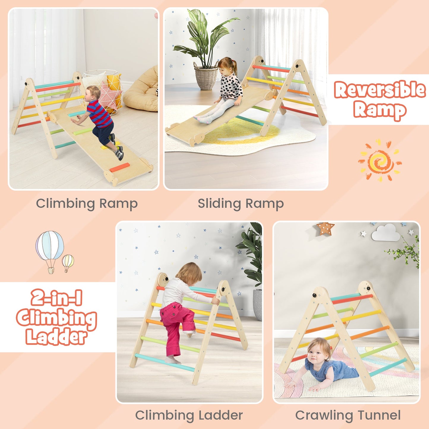 3-in-1 Climbing Set Foldable and Adjustable Kids Triangle Set-Multicolor
