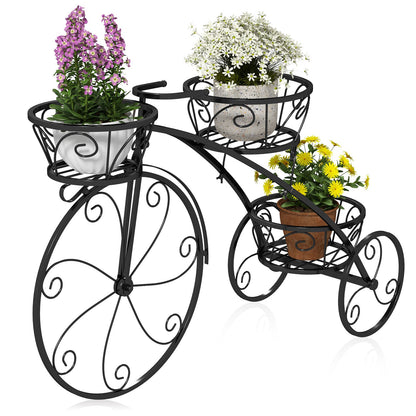 Tricycle Plant Stand Flower Pot Cart Holder with 3 Hollowed Baskets-Black