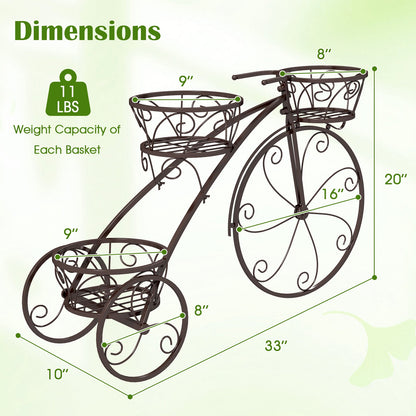 Tricycle Plant Stand Flower Pot Cart Holder with 3 Hollowed Baskets-Bronze