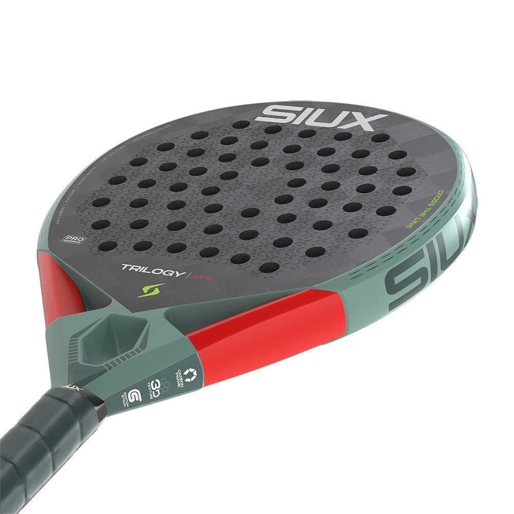 Padel racket Siux Trilogy Pro 2026 Ash Green with grey-green frame and bold red accents on Tampa Home & Garden Store