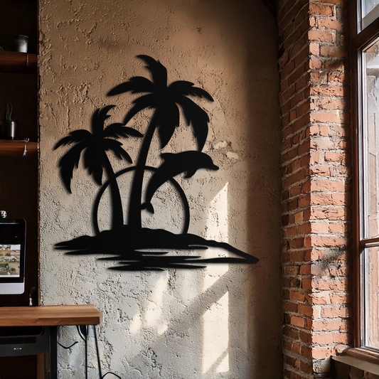 Tropical Dolphin and Palm Tree Metal Wall Art – Sunset Island Scene Coastal Decor- KAF598 - Tampa Home & Garden Store