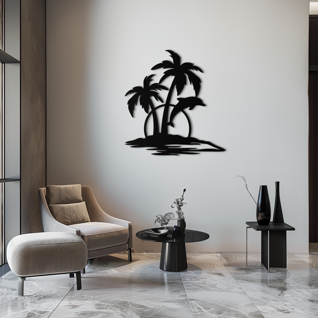Tropical Dolphin and Palm Tree Metal Wall Art – Sunset Island Scene Coastal Decor- KAF598 - Tampa Home & Garden Store