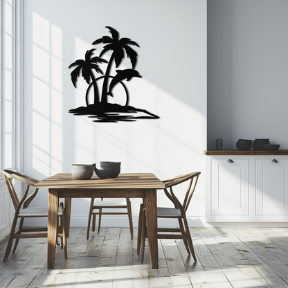 Tropical Dolphin and Palm Tree Metal Wall Art – Sunset Island Scene Coastal Decor- KAF598 - Tampa Home & Garden Store