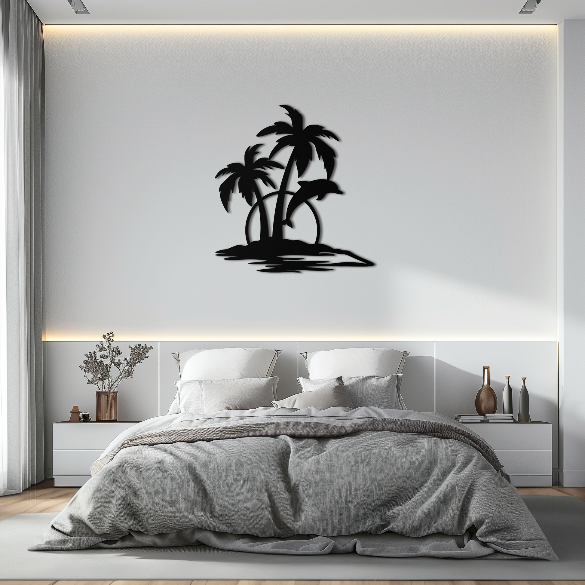Tropical Dolphin and Palm Tree Metal Wall Art – Sunset Island Scene Coastal Decor- KAF598 - Tampa Home & Garden Store