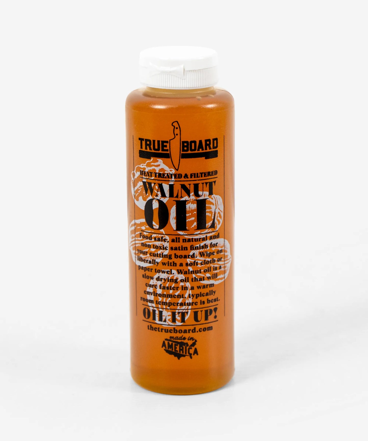 Walnut cutting board oil 12 oz by The True Board in orange bottle with white cap on Tampa Home & Garden Store
