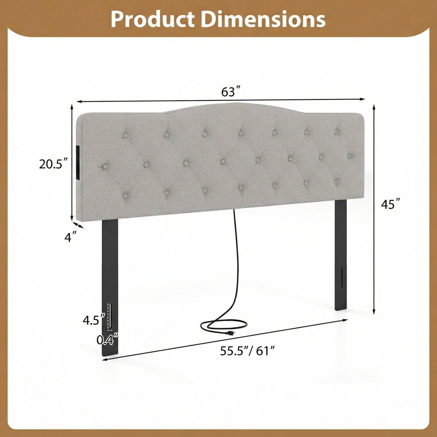 Tufted Upholstered Head Board for Queen and Full Size Bed with 2 AC Outlets