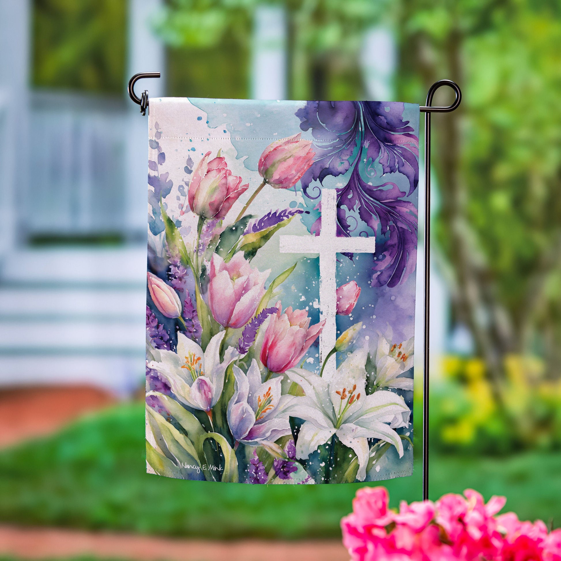 Tulip & Easter Lily Cross Suede Garden Flag - Tampa Home & Garden Store