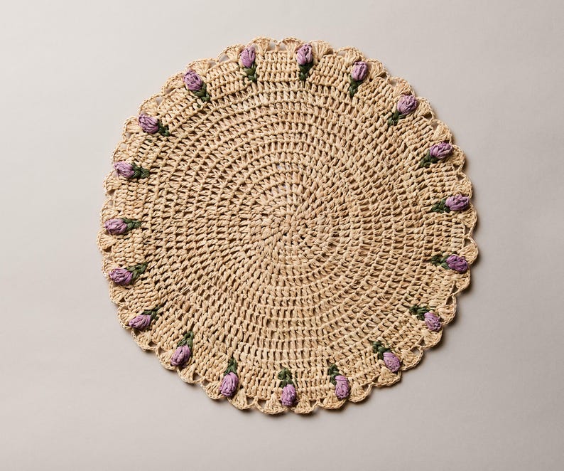 Tulip Floral Placemat – Hand-Crocheted Raffia – Spring Table Decor – Easter Table Setting – Handmade by Artisans in Madagascar - Tampa Home & Garden Store