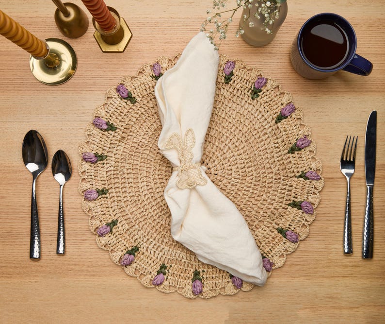 Tulip Floral Placemat – Hand-Crocheted Raffia – Spring Table Decor – Easter Table Setting – Handmade by Artisans in Madagascar - Tampa Home & Garden Store