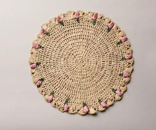 Tulip floral placemats hand-crocheted raffia palm with pink tulip buds edging Payton James on Tampa Home & Garden Store