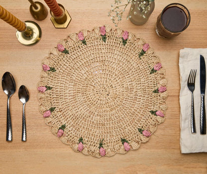 Tulip Floral Placemats – Hand-Crocheted Raffia Palm Floral Placemats – Spring Table Decor - Tampa Home & Garden Store