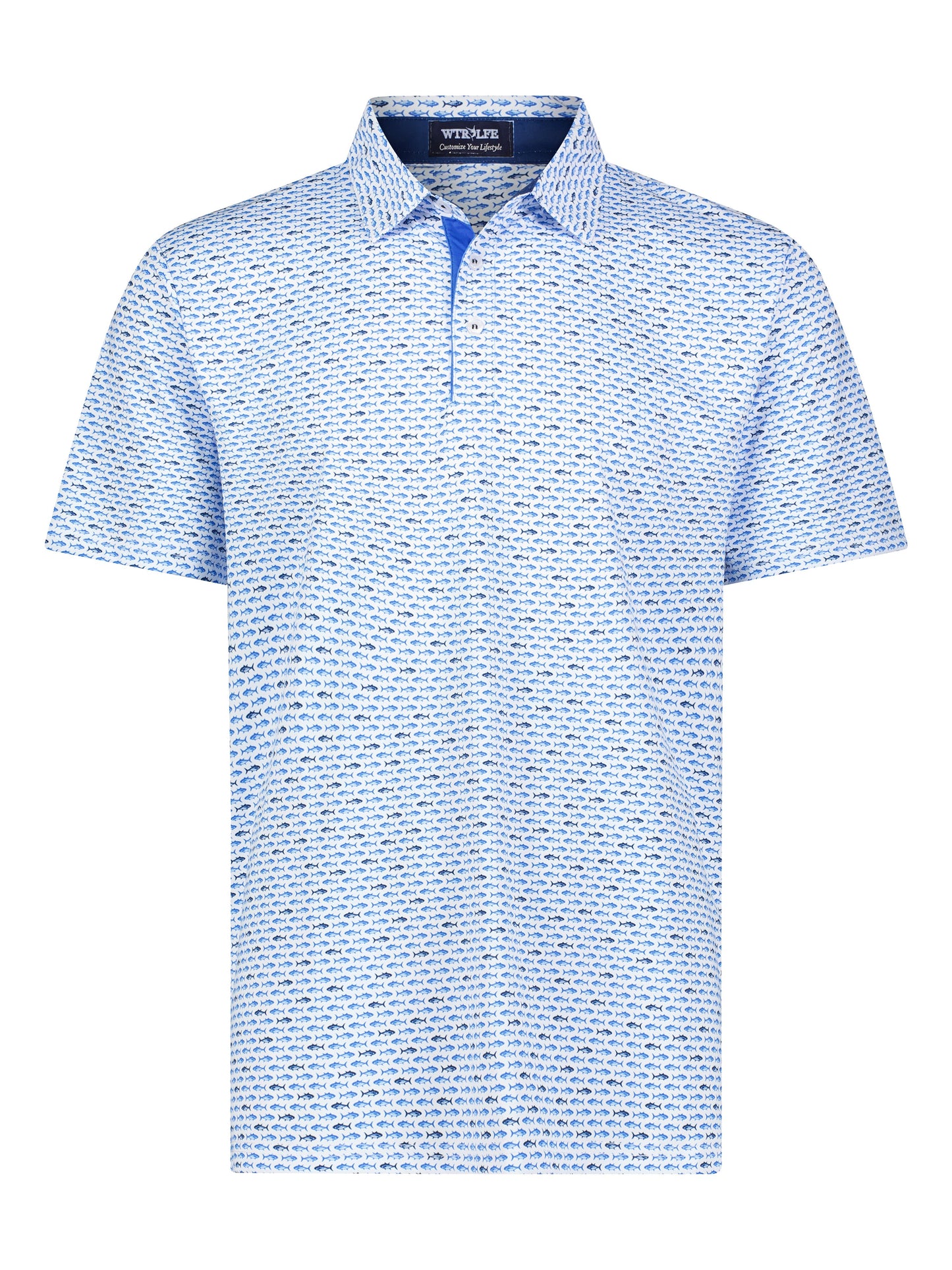 Tuna Performance Polo Light Blue Navy by White Water Life with tuna fish print on Tampa Home & Garden Store
