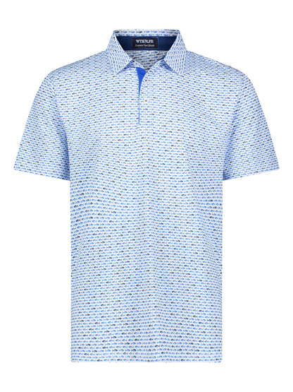 Tuna Performance Polo Light Blue Navy by White Water Life with tuna fish print on Tampa Home & Garden Store
