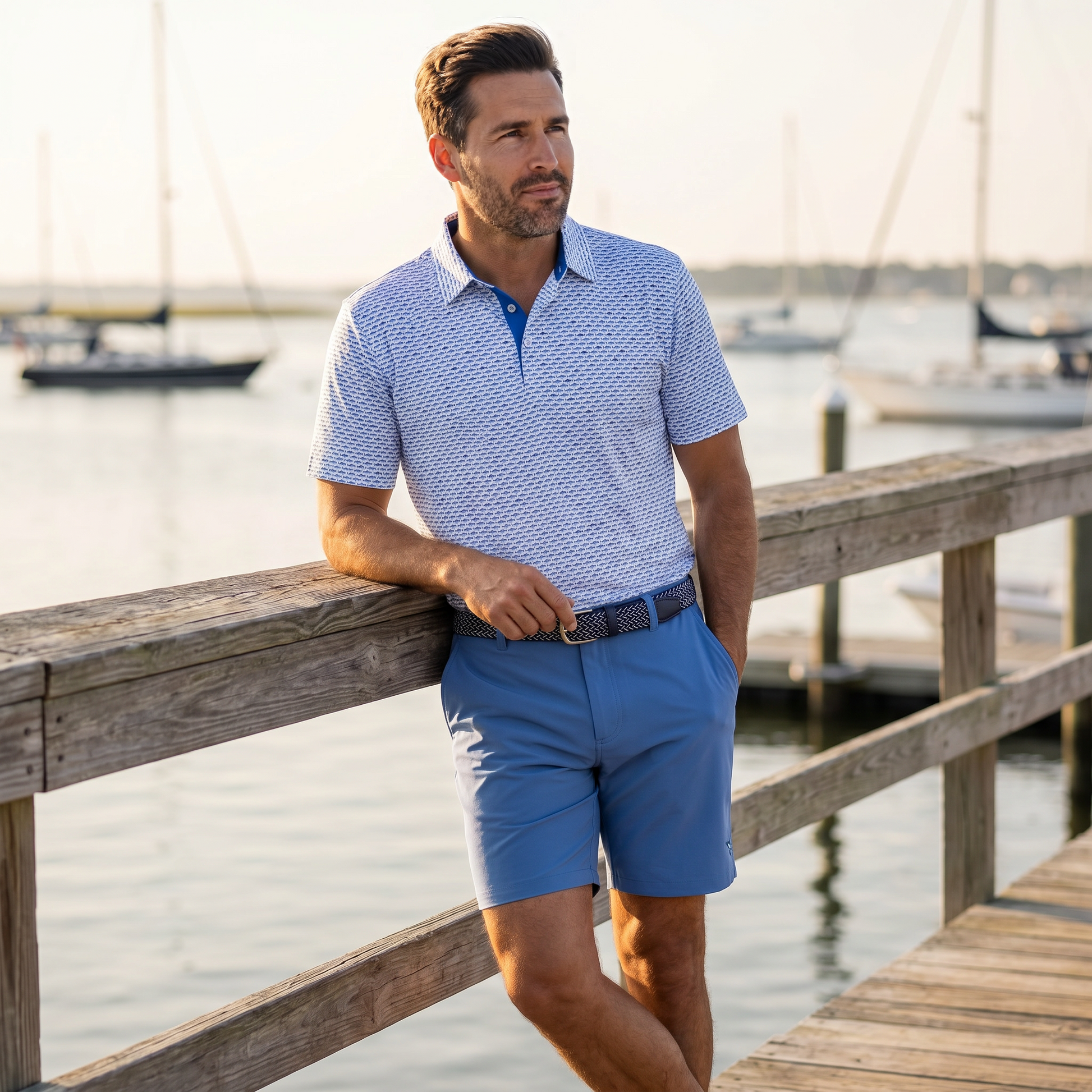 Tuna Performance Polo Light Blue Navy by White Water Life, men's polo with subtle pattern on Tampa Home & Garden Store