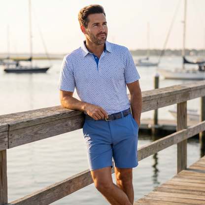 Tuna Performance Polo Light Blue Navy by White Water Life, men's polo with subtle pattern on Tampa Home & Garden Store