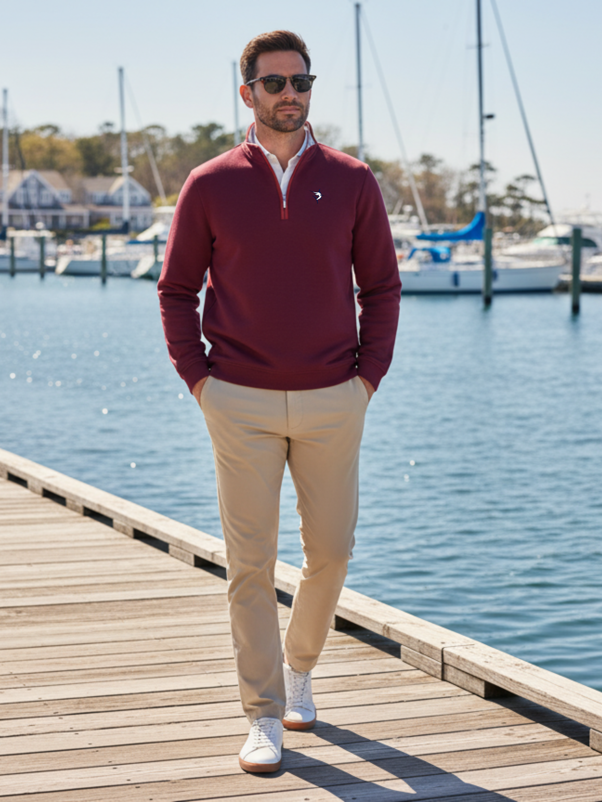 Turnberry Quarter Zip Smooth Knit burgundy pullover by White Water Life on a marina dock on Tampa Home & Garden Store