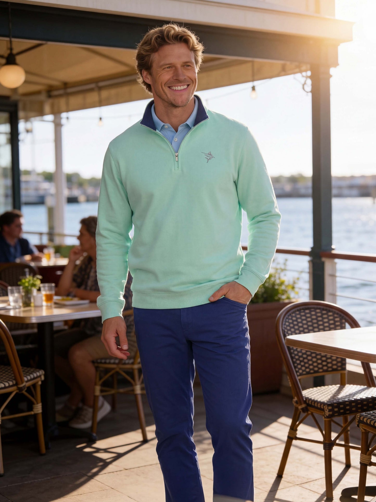 Turnberry Quarter Zip Smooth Knit mint green pullover with navy collar by White Water Life on Tampa Home & Garden Store