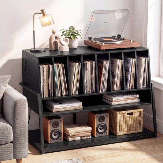 Turntable Stand with Charging Station & Vinyl Storage, black wood, DirectDeals on Tampa Home & Garden Store
