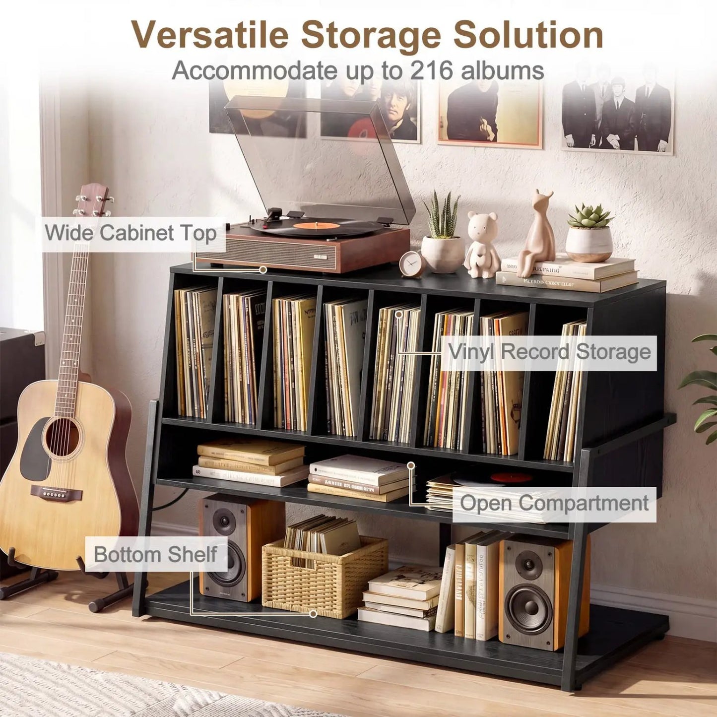 Turntable Stand with Charger and Vinyl Storage