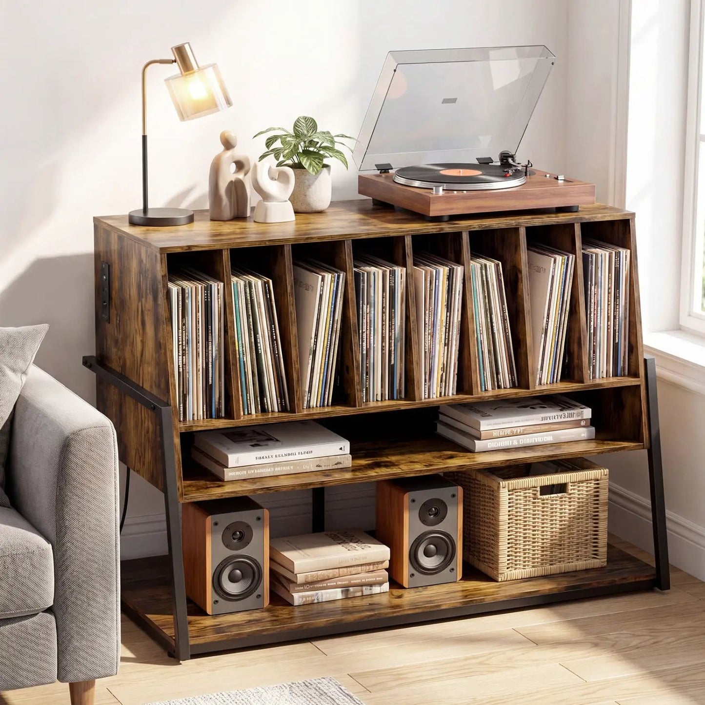 Turntable Stand with Charger and Vinyl Storage