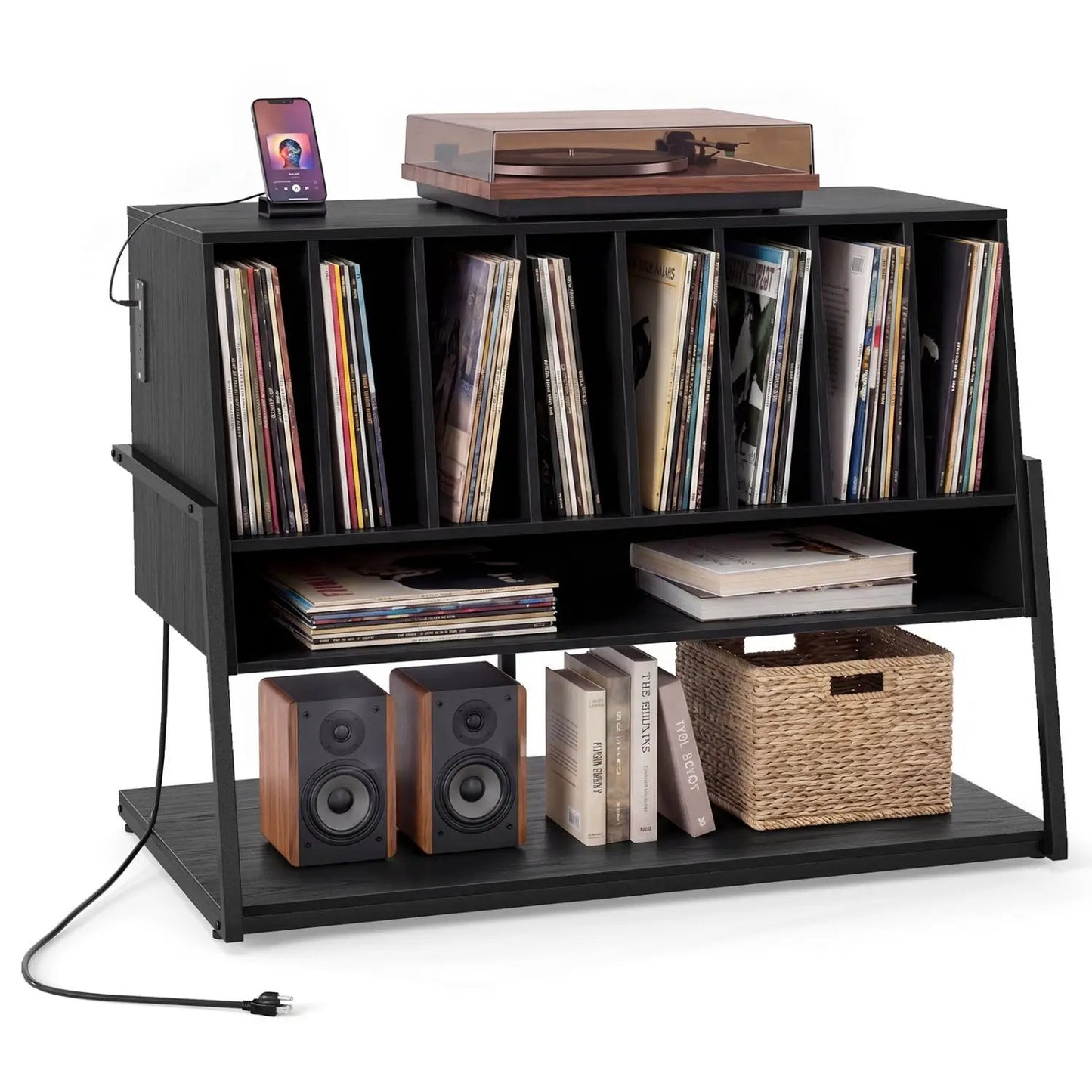 Turntable Stand with Charger and Vinyl Storage