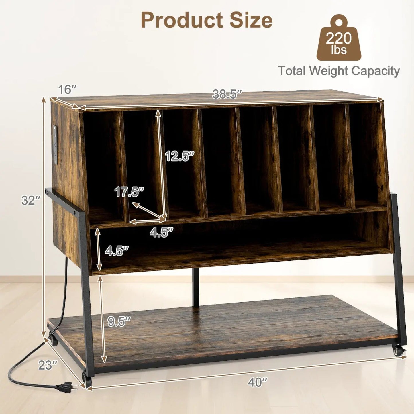 Turntable Stand with Charger and Vinyl Storage