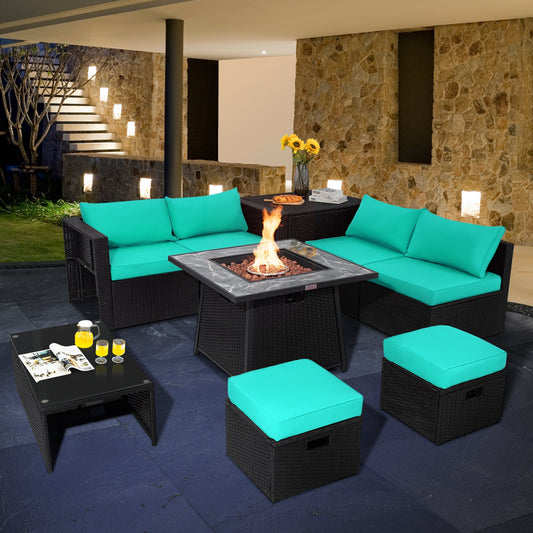 9 Pieces Outdoor Wicker Sectional with 35 Inch Gas Fire Pit Table - Tampa Home & Garden Store