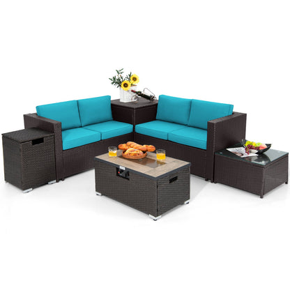 Juego de Muebles de Mimbre para Exterior de 6 Piezas con Mesa con Fogón de Propano de 32 Pulgadas-Beige