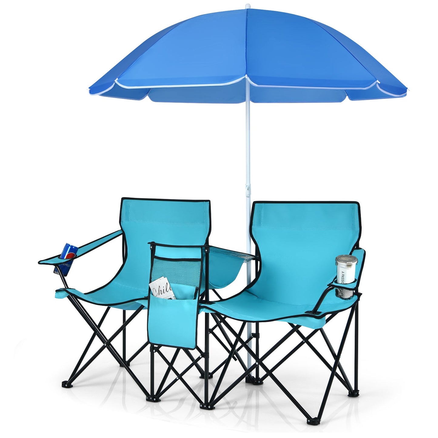 Silla doble de pícnic plegable portátil con sombrilla - Azul