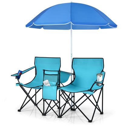 Silla doble de pícnic plegable portátil con sombrilla - Azul
