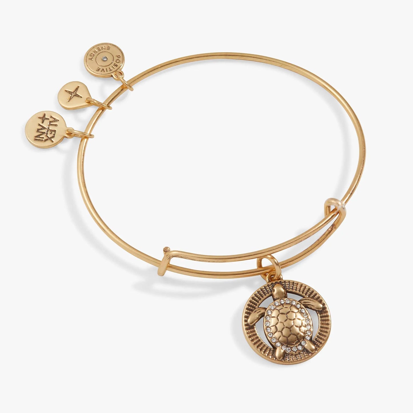Turtle Charm Bangle by ALEX AND ANI in gold-tone with three heart charms and a crystal turtle pendant on Tampa Home & Garden Store