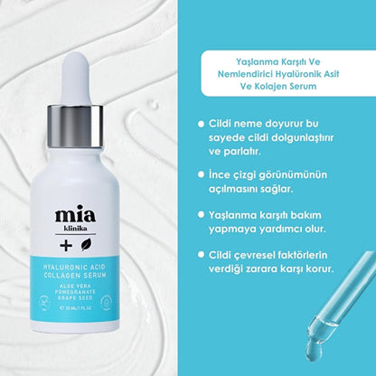 Face serum Mia Klinika hyaluronic acid collagen serum in white bottle with dropper on Tampa Home & Garden Store