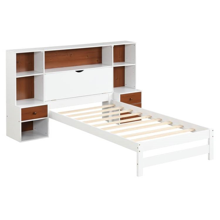 Twin Bed Frame with White Walnut Bookcase Storage Headboard and 2 Nightstands - Tampa Home & Garden Store
